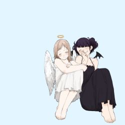 Rule 34 | 2girls, angel and devil, angel wings, barefoot, black dress, blush, brown hair, clenched hand, closed eyes, closed mouth, collarbone, demon wings, diagonal bangs, dress, grin, halo, hand on own face, highres, idolmaster, idolmaster shiny colors, laughing, blue background, long hair, medium hair, multiple girls, open mouth, purple hair, sakuragi mano, same reimei, short twintails, sitting, smile, tanaka mamimi, twintails, white dress, wings