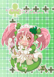 Rule 34 | 1girl, amulet clover, apron, blush, clover, clubs, egg beater, gloves, gokkun tororojiru, hair ornament, hinamori amu, magical girl, open mouth, pink hair, plaid, plaid background, sexually suggestive, shugo chara!, solo, twintails, whipped cream, whisk, yellow eyes