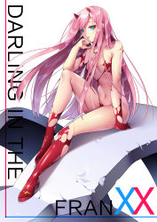 Rule 34 | 10s, 1girl, absurdres, aqua eyes, bad id, bad pixiv id, bare shoulders, breasts, candy, collarbone, copyright name, darling in the franxx, expressionless, eyeliner, fingernails, floating hair, food, full body, glint, gloves, head rest, highres, holding, holding candy, holding food, holding lollipop, horns, knee up, lollipop, long hair, looking at viewer, makeup, may (2747513627), navel, oni horns, parted bangs, pink hair, red footwear, red horns, shiny clothes, shiny skin, simple background, sitting, small breasts, solo, stomach, straight hair, tongue, tongue out, torn clothes, torn gloves, very long hair, white background, zero two (darling in the franxx)