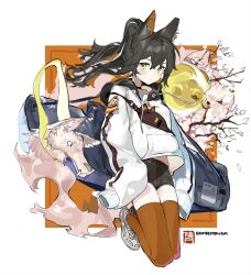 Rule 34 | 1girl, animal ears, artist logo, artist name, bag, black hair, black shorts, character request, choker, closed mouth, copyright request, fanny pack, gohanduck, highres, hood, hood down, hoodie, long hair, looking at viewer, orange thighhighs, ponytail, shoes, short shorts, shorts, sleeves past fingers, sleeves past wrists, sneakers, solo, spirit, thighhighs, white footwear, white hoodie, yellow eyes