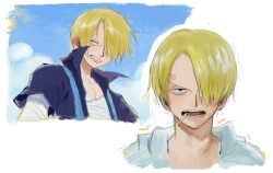 Rule 34 | 1boy, blonde hair, cigarette, collared shirt, commentary, hair over one eye, highres, linerynlasgalen, looking at viewer, looking to the side, male focus, multiple views, one piece, sanji (one piece), shirt, short hair, sky, solo, symbol-only commentary