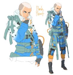 Rule 34 | 1girl, animification, apex legends, bald, bald girl, belt, black footwear, black gloves, blue eyes, blue jumpsuit, boots, fingerless gloves, flashpoint wraith, full body, gloves, grey belt, highres, jumpsuit, looking ahead, simple background, solo, thigh strap, thundergotch, upper body, v-shaped eyebrows, white background, wraith (apex legends), zoom layer