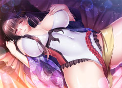 Rule 34 | 1girl, bed sheet, black hair, blush, breasts, cable, commission, covered navel, fusou (kancolle), hair ornament, highres, japanese clothes, kantai collection, kimono, large breasts, lens flare, long hair, looking at viewer, lying, nail polish, on back, one-piece swimsuit, parted lips, pillow, pixiv commission, print kimono, purple kimono, red eyes, smile, solo, spread legs, swimsuit, thighs, white one-piece swimsuit, wide sleeves, yuuzuki hijiri