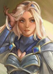 Rule 34 | 1girl, absurdres, blonde hair, blue eyes, blue hairband, breasts, cleavage, cleavage cutout, closed mouth, clothing cutout, hairband, hand in own hair, hand up, highres, league of legends, long hair, lux (league of legends), medium breasts, shoulder plates, sideways glance, smile, solo, stnpnk, upper body