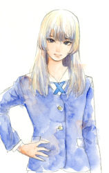 Rule 34 | 1other, arm at side, blazer, blue jacket, blue neckwear, closed mouth, hand on own hip, highres, jacket, long hair, long sleeves, looking at viewer, muroda kei, official art, okaeri alice, oshimi shuuzou, school uniform, sidelocks, simple background, smile, solo, traditional media, upper body, white background