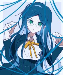 Rule 34 | 1girl, :o, black jacket, blue hair, bow, bowtie, breasts, collared shirt, danganronpa (series), danganronpa v3: killing harmony, glasses, green eyes, highres, jacket, long hair, long sleeves, looking at viewer, orange bow, orange bowtie, orange ribbon, ribbon, round eyewear, school uniform, shirogane tsumugi, shirt, skirt, smile, todoroki gk2, white shirt, white undershirt