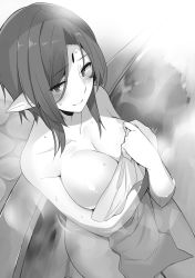 Rule 34 | 1girl, blush, breasts, cleavage, collarbone, completely nude, covering breasts, covering privates, from above, greyscale, hair between eyes, highres, kono subarashii sekai ni shukufuku wo!, large breasts, looking at viewer, mishima kurone, monochrome, naked towel, novel illustration, nude, nude cover, official art, partially submerged, pointy ears, short hair, smile, solo, sweatdrop, topless, towel, wolbach