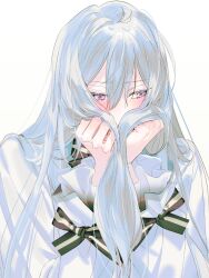 Rule 34 | 1boy, androgynous, blue hair, blush, covering own mouth, eichi turnr, embarrassed, ensemble stars!, facing viewer, hibiki wataru, highres, jacket, light blue hair, long hair, long sleeves, looking down, looking to the side, male focus, purple eyes, solo, white background, white jacket