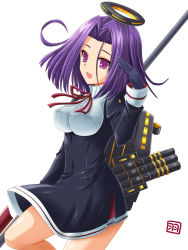 Rule 34 | 10s, 1girl, breasts, dress, eyepatch, glaive (polearm), gloves, halo, haura akitoshi, kantai collection, mechanical halo, open mouth, personification, polearm, purple eyes, purple hair, short hair, smile, tatsuta (kancolle), torpedo, turret