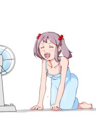 Rule 34 | 1girl, all fours, alternate costume, barefoot, blue dress, commentary request, dress, electric fan, closed eyes, fan speaking, flat chest, hair bobbles, hair ornament, kantai collection, moxtu69 eg, pink hair, sazanami (kancolle), short hair, simple background, solo, spaghetti strap, sundress, twintails, white background