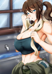 Rule 34 | 1girl, armpits, black bra, black hair, blue eyes, blush, bol (liliymimi), bra, breasts, brown hair, bursting breasts, cleavage, clothes around waist, cloud, cowboy shot, day, faucet, female focus, from side, hair between eyes, high ponytail, highres, hip focus, huge breasts, jacket, jacket around waist, langlade (milihime taisen), large breasts, looking at viewer, midriff, milihime taisen, navel, parted lips, ponytail, scrunchie, short hair, short ponytail, sink, sky, solo, sports bra, strap gap, sweat, taut clothes, toned, towel, towel around neck, underwear, window