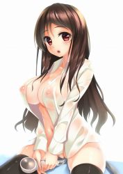 Rule 34 | 1girl, :o, between legs, black thighhighs, blush, bottomless, breasts, brown hair, cleft of venus, covered erect nipples, female focus, large breasts, long hair, looking at viewer, naked shirt, navel, neko neko koneko, nipples, no bra, open clothes, open mouth, open shirt, original, puffy nipples, pussy, red eyes, see-through, shirt, shower, simple background, sitting, solo, thighhighs, wet, wet clothes, white background, white shirt