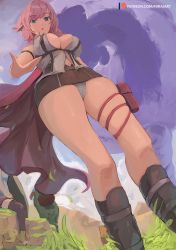 Rule 34 | 1girl, bare shoulders, black footwear, blue eyes, blue sky, boots, breasts, brown skirt, cape, cleavage, final fantasy, final fantasy xiii, from below, grass, highres, knee boots, large breasts, lightning farron, looking at viewer, medium hair, mirai hikari, navel, open mouth, panties, pink hair, red cape, skirt, sky, solo, thighs, underwear, upskirt, white panties