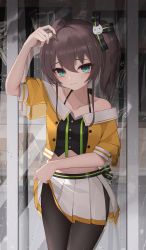 Rule 34 | 1girl, absurdres, against window, ahoge, arm up, bare shoulders, black pantyhose, black ribbon, blouse, blue eyes, blush, breasts, brown hair, closed mouth, collarbone, commentary request, cowboy shot, crop top, hair ribbon, highres, hololive, looking at viewer, midriff, miniskirt, natsuiro matsuri, natsuiro matsuri (1st costume), off-shoulder shirt, off shoulder, outdoors, pantyhose, pleated skirt, rain, ribbon, shirt, short hair, short sleeves, side ponytail, side slit, skirt, skirt hold, small breasts, solo, thomas 8000, virtual youtuber, white skirt, yellow shirt