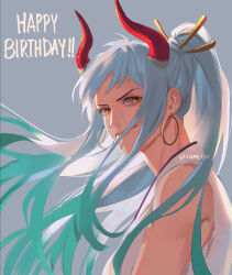 Rule 34 | 1girl, aqua hair, earrings, floating hair, grey background, hair ornament, happy birthday, horns, japanese clothes, jewelry, kimono, looking at viewer, multicolored hair, one piece, ponytail, rami rz, red horns, simple background, sleeveless, sleeveless kimono, smile, solo, twitter username, white hair, yamato (one piece)