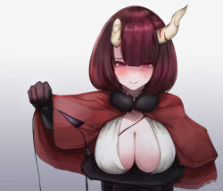 Rule 34 | 1girl, arm under breasts, bad id, bad pixiv id, black gloves, blush, bob cut, bra, breasts, broken horn, brown hair, capelet, cleavage, closed mouth, elbow gloves, eriko (princess connect!), gloves, hemachi, highres, horns, large breasts, looking at viewer, nose blush, open bra, princess connect!, purple eyes, red capelet, smile, solo, sweat, underwear, undressing, upper body