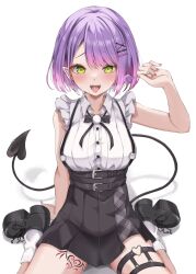 Rule 34 | 1girl, black footwear, black skirt, breasts, candy, collarbone, demon girl, demon tail, ear piercing, fangs, food, gradient background, green eyes, hair ornament, hairclip, highres, holding, holding candy, holding food, holding lollipop, hololive, large breasts, lollipop, multicolored hair, o-ring, o-ring thigh strap, piercing, pink hair, pointy ears, purple hair, skirt, solo, tail, tail ornament, tail piercing, takuty, teeth, thigh strap, tokoyami towa, tongue, tongue out, upper teeth only, virtual youtuber, x hair ornament
