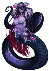 Rule 34 | 1girl, apophis (monster girl encyclopedia), barbell piercing, bare shoulders, black sclera, bracelet, breasts, choker, cleavage, cobra (animal), colored sclera, colored skin, covering crotch, covering privates, crown, earrings, fingernails, floating, floating object, full body, harem outfit, jewelry, kenkou cross, lamia, large breasts, levitation, lip piercing, long fingernails, long hair, looking at viewer, lots of jewelry, monster girl, monster girl encyclopedia, monster girl encyclopedia ii, multicolored hair, nail polish, navel, navel piercing, necklace, nipple tassels, official art, pasties, piercing, pointy ears, purple hair, purple skin, red eyes, red hair, red nails, sagging breasts, silver, simple background, slit pupils, smile, solo, tiara, two-tone hair, very long hair, white background, yellow eyes
