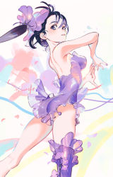 Rule 34 | 1girl, ass, back, backless dress, backless outfit, black hair, breasts, commentary request, dress, eyebrows hidden by hair, feet out of frame, from behind, hands up, highres, legs, lips, looking at viewer, looking back, mixed-language commentary, nail polish, original, parted lips, purple dress, purple nails, purple thighhighs, single thighhigh, sleeveless, small breasts, solo, standing, strapless, strapless dress, thighhighs, thighs, umishima senbon
