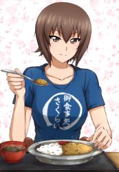 Rule 34 | 1girl, blue shirt, bowl, brown eyes, brown hair, casual, closed mouth, clothes writing, commentary, curry, food, girls und panzer, highres, holding, holding spoon, looking at viewer, nishizumi maho, omachi (slabco), plate, rice, shirt, short hair, short sleeves, smile, solo, sparkle, spoon, t-shirt, translation request