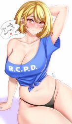 Rule 34 | 1girl, anisdrawn, arm support, arm up, ashley graham, black panties, blonde hair, blue shirt, blush, breasts, cleavage, collarbone, commentary, english commentary, groin, highres, large breasts, looking at viewer, midriff, navel, no pants, nose blush, off-shoulder shirt, off shoulder, panties, resident evil, resident evil 4, shirt, short hair, short sleeves, simple background, single bare shoulder, sitting, solo, speech bubble, stomach, thighs, tied shirt, underwear, white background, yellow eyes