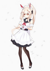 Rule 34 | 1girl, absurdres, akutaa, alternate costume, apron, ayanami (azur lane), azur lane, black footwear, black pantyhose, collarbone, commentary request, detached sleeves, enmaided, eyes visible through hair, full body, gloves, gradient background, hair ornament, hairclip, headgear, highres, long hair, looking at viewer, maid, maid apron, maid headdress, mary janes, orange eyes, own hands together, pantyhose, platinum blonde hair, ponytail, retrofit (azur lane), sailor collar, shoes, sidelocks, simple background, solo, white background, white gloves