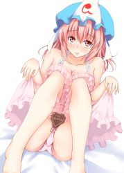 Rule 34 | 1girl, ass, barefoot, blush, candy, chocolate, chocolate heart, dutch angle, food, full-face blush, full body, hat, heart, legs up, looking at viewer, melting, merxkialis, mob cap, navel, nightgown, open mouth, panties, pink eyes, pink hair, saigyouji yuyuko, short hair, simple background, sitting, sleeveless, solo, thighs, touhou, triangular headpiece, underwear, veil, white background