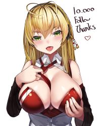 Rule 34 | 1girl, :d, antenna hair, bad id, bad pixiv id, bare shoulders, blonde hair, blush, breast hold, breasts, cleavage, collared vest, detached sleeves, green eyes, head tilt, headphones, heart, highres, large breasts, long hair, long sleeves, looking at viewer, natori youkai, naughty face, necktie, nose blush, open clothes, open mouth, open vest, partially unzipped, red necktie, shiny skin, simple background, smile, solo, straight hair, strapless, thank you, tongue, tongue out, tsurumaki maki, upper body, vest, voiceroid, white background, white vest, wing collar, zipper