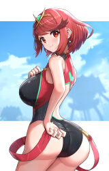 Rule 34 | 1girl, absurdres, ass, breasts, gonzarez, highres, huge ass, large breasts, one-piece swimsuit, pyra (pro swimmer) (xenoblade), pyra (xenoblade), solo, striped clothes, striped one-piece swimsuit, swimsuit, vertical-striped clothes, vertical-striped one-piece swimsuit, xenoblade chronicles (series), xenoblade chronicles 2