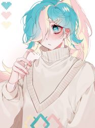 Rule 34 | androgynous, blue eyes, blue hair, blush, gender request, haeb, hair over one eye, high ponytail, highres, korean commentary, long hair, long sleeves, multicolored hair, one eye covered, open mouth, original, pink hair, pink sweater, solo, sweater, white background