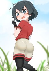 Rule 34 | 1girl, ass, ass focus, backpack, bag, black eyes, black gloves, black hair, black pantyhose, blush, chis (js60216), gloves, grass, hair between eyes, hat feather, helmet, highres, kaban (kemono friends), kemono friends, looking at viewer, pants, pantyhose, pith helmet, red shirt, shirt, short hair, shorts, solo, tight clothes, tight pants, wavy hair