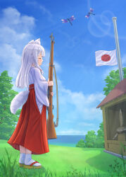 1girl absurdres animal animal_ear_fluff animal_ears arisaka blue_sky blush bolt_action brown_footwear bug building closed_eyes closed_mouth cloud commission day dog_ears dog_girl dog_tail dragonfly flagpole grey_hair gun hakama highres hip_vent holding holding_gun holding_weapon horizon insect iroha_(iroha_matsurika) japanese_clothes japanese_flag kimono lens_flare long_hair long_sleeves miko ocean original outdoors pixiv_commission propeller red_hakama rifle sandals sky socks solo standing tabi tail tree water weapon white_kimono white_socks wide_sleeves zouri