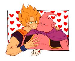 Rule 34 | 2boys, antennae, arm around shoulder, bad id, bad pixiv id, blonde hair, blush, cape, cheek-to-cheek, dragon ball, dragonball z, closed eyes, fingernails, green eyes, grin, heads together, heart, heart background, looking at viewer, majin buu, male focus, multiple boys, onkywi, outside border, purple cape, short hair, simple background, smile, son goku, speech bubble, spiked hair, super saiyan, super saiyan 1, translation request, white background, wristband