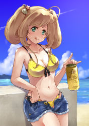 Rule 34 | 1girl, ahoge, alcohol, beach, beer, beer can, bikini, bikini under clothes, blonde hair, blue shorts, blush, breasts, can, collarbone, cutoffs, denim, denim shorts, drink can, front-tie bikini top, front-tie top, green eyes, highres, holding, holding can, idolmaster, idolmaster cinderella girls, leaning back, long hair, looking at viewer, medium breasts, navel, open clothes, open shorts, sato shin, satomura kyou, short shorts, shorts, side-tie bikini bottom, sidelocks, sky, smile, solo, swept bangs, swimsuit, twintails, yellow bikini