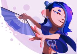 Rule 34 | 1girl, arms up, asymmetrical hair, bandeau, blue hair, blue shawl, cephalopod eyes, earrings, fangs, female focus, folding fan, groin, hachimaki, hair over one eye, half-closed eyes, hand fan, happy, headband, highres, holding, holding fan, jewelry, looking to the side, medium hair, multiple earrings, navel, nejiri hachimaki, nintendo, octoling, odonkikun, one eye covered, open mouth, outstretched arms, purple background, red eyes, see-through, shawl, shiver (splatoon), smile, solo, splatoon (series), splatoon 3, spread fingers, standing, stomach, tentacle hair, tentacles, upper body, white bandeau