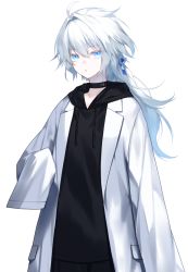 Rule 34 | 1boy, ayashiro keika, blue eyes, choker, commentary request, cowboy shot, hair between eyes, hood, hood down, hoodie, lab coat, looking at viewer, original, oversized clothes, ponytail, simple background, solo, waka (shark waka), white background, white hair