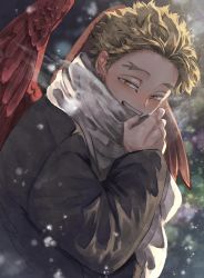 Rule 34 | 1boy, blonde hair, blurry, blurry background, body markings, boku no hero academia, breath, earrings, eye contact, feathered wings, feathers, from side, hand up, hawks (boku no hero academia), highres, jewelry, light blush, looking at another, looking at viewer, looking to the side, male focus, open mouth, red feathers, scarf, smile, snowing, solo, stud earrings, teeth, upper teeth only, vt5ct, wings, winter clothes, yellow eyes