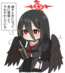Rule 34 | 1girl, black gloves, black hair, black shirt, black skirt, black thighhighs, black wings, blue archive, blush, box, breasts, chibi, closed mouth, commentary request, cropped legs, feathered wings, garter belt, gift, gift box, gloves, hair between eyes, halo, hasumi (blue archive), holding, holding gift, long hair, long sleeves, medium breasts, mole, mole under eye, necktie, nyaru (nyaru 4126), pleated skirt, red eyes, red necktie, sailor collar, shirt, skirt, solo, thighhighs, translation request, very long hair, white sailor collar, wings