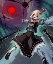 Rule 34 | 1girl, ascot, blonde hair, blush, bow, cloud, dark, fangs, full body, full moon, hair bow, highres, long sleeves, looking at viewer, mary janes, moon, nature, night, night sky, open mouth, outstretched arms, pantyhose, red eyes, red moon, rumia, shirt, shoes, short hair, skirt, skirt set, sky, smile, solo, spark621, touhou, tree, vest, white pantyhose, white shirt
