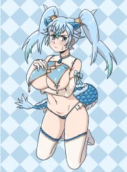 Rule 34 | 1girl, acesrulez, animal ears, blue eyes, blue hair, blush, breasts, covered erect nipples, dragon girl, dragon tail, kemono friends, kemono friends 3, kneeling, large breasts, lingerie, looking at viewer, revealing clothes, seiryuu (kemono friends), solo, tail, twintails, underwear
