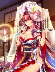 Rule 34 | 1girl, absurdres, agrt, bad id, bad pixiv id, breasts, brown hair, candle, candlelight, candlestand, cleavage, collarbone, cowboy shot, dagger, dress, fire, fire, highres, japanese clothes, kimono, knife, long hair, looking at viewer, obi, original, sash, school uniform, side slit, solo, standing, thighs, veil, very long hair, wax, weapon, yellow eyes