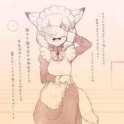 Rule 34 | 1girl, :d, animal ears, apron, blush, bow, bowtie, commentary request, covering face, cowboy shot, cuffs, fang, fox ears, fox girl, fox tail, frilled apron, frills, gloves, gosu mei (sakifox), gradient background, highres, maid, maid apron, maid headdress, medium hair, monochrome, open mouth, original, sakifox, sauna, simple background, sitting, smile, solo, sweat, tail, translation request, wet, wet clothes, white gloves, wrist cuffs