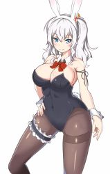 Rule 34 | 1girl, akadama iori, animal ears, black leotard, black pantyhose, blue eyes, bow, bowtie, breasts, bridal garter, cleavage, detached collar, fake animal ears, hand on own hip, highres, kantai collection, kashima (kancolle), large breasts, leotard, long hair, pantyhose, playboy bunny, rabbit ears, rabbit tail, red bow, red bowtie, sidelocks, silver hair, simple background, solo, strapless, strapless leotard, tail, twintails, wavy hair, white background, wrist cuffs