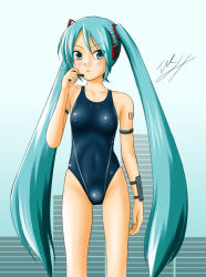 Rule 34 | 1girl, competition swimsuit, green eyes, green hair, hatsune miku, long hair, matching hair/eyes, one-piece swimsuit, solo, swimsuit, tk4, twintails, vocaloid