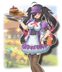 Rule 34 | 1girl, ahoge, apron, black collar, black hair, breasts, burger, cleavage, cleavage cutout, clothing cutout, collar, colored inner hair, dress, fang, food, french fries, frilled dress, frills, garter straps, hair over one eye, highres, large breasts, long hair, menu, multicolored hair, nijisanji, open mouth, pink hair, plate, pointy ears, puffy short sleeves, puffy sleeves, purple dress, purple eyes, shio no.9, short dress, short sleeves, skin fang, smile, solo, thighhighs, tray, twintails, two-tone hair, virtual youtuber, visor cap, waist apron, waitress, wrist cuffs, yamiyono moruru