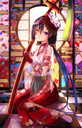 Rule 34 | 1girl, alphatitus, bell, commentary request, fate/grand order, fate (series), hair bell, hair ornament, heterochromia, highres, japanese clothes, katana, looking at viewer, low twintails, mochizuki chiyome (fate), mochizuki chiyome (third ascension) (fate), multicolored background, sitting, solo, sword, twintails, weapon