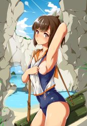 Rule 34 | 1girl, absurdres, aoi renji, areola slip, arm behind back, arm up, armpits, blush, breasts, brown eyes, brown hair, cave, clothes lift, cowboy shot, from side, hair ornament, hairclip, highres, i-401 (kancolle), kantai collection, lifting own clothes, looking at viewer, medium breasts, parted lips, ponytail, sailor collar, school uniform, short ponytail, sideboob, solo, sweat, swimsuit, swimsuit lift, swimsuit under clothes
