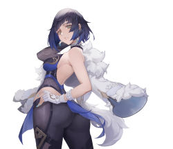 Rule 34 | 1girl, absurdres, artist request, ass, bare shoulders, black pantyhose, black thighhighs, blue hair, blunt bangs, bob cut, breasts, fingerless gloves, from behind, genshin impact, gloves, green eyes, highres, jacket, jacket over shoulders, le (huanglongen), looking at viewer, medium breasts, pants, pantyhose, parted lips, shiny clothes, shiny skin, short hair, sideboob, simple background, solo, thighhighs, tight clothes, tight pants, white background, yelan (genshin impact)