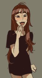 Rule 34 | 1girl, black shirt, blouse, blush, borrowed character, brown hair, freckles, grey background, hand to own mouth, highres, kara eklund, long hair, looking at viewer, mossacannibalis, open mouth, original, shirt, simple background, smile, smug, solo