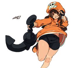 Rule 34 | 1girl, absurdres, anchor, arm up, artist name, bike shorts, black shorts, brown eyes, brown hair, guilty gear, guilty gear strive, hat, highres, holding, holding anchor, hood, hood down, hoodie, leg up, long hair, may (guilty gear), open mouth, orange footwear, orange hat, orange hoodie, pirate hat, shoes, shorts, simple background, skull and crossbones, smile, solo, white background, whoopsatro